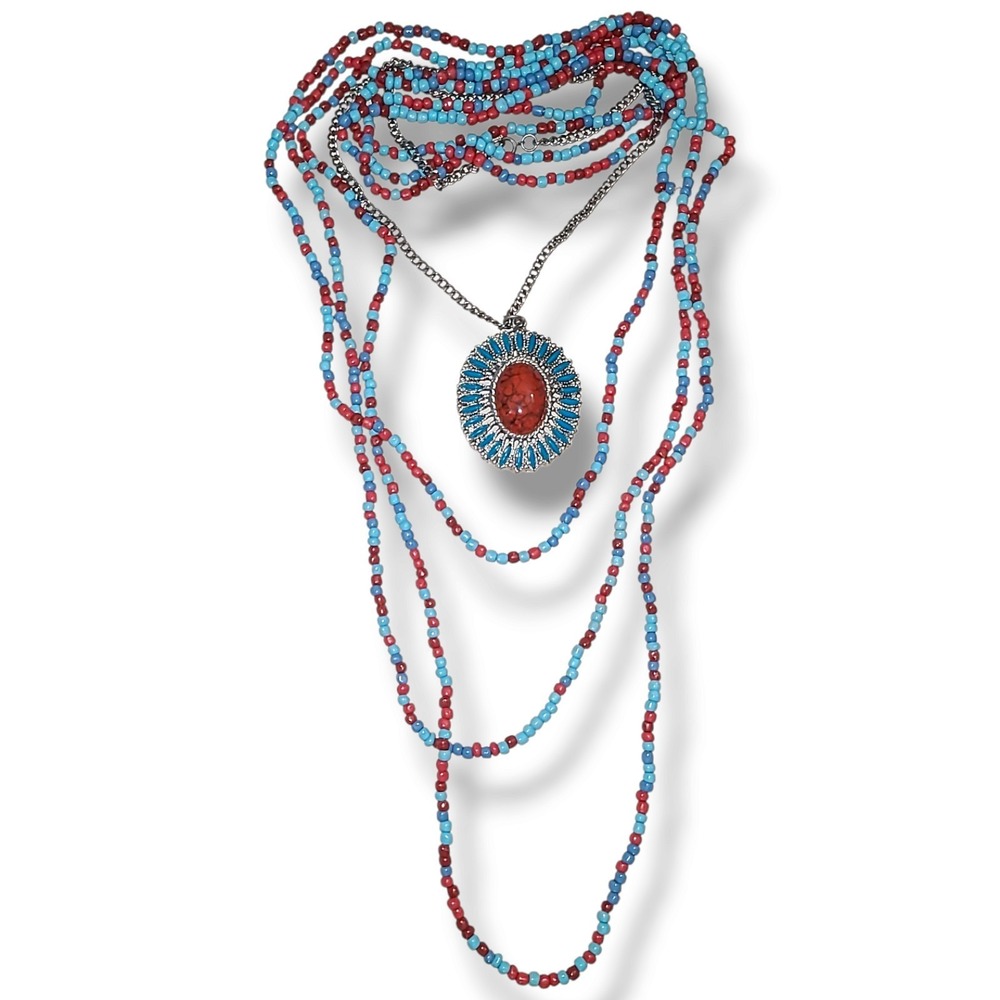 Set of 4 Red & Turquoise Blue Beaded & Pendant Necklaces Southwest Style